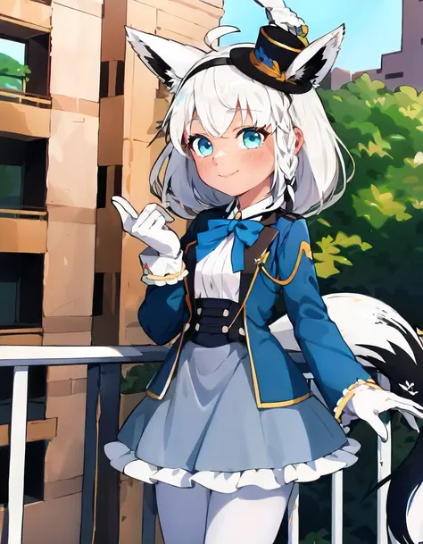 1girl, solo, cowboy shot, (balcony), small town, greenery, smile, white hair, (fox tail:1.4), fubukielegant, (braided ponytail), blue coat, blue bowtie, buttoned corset, collared shirt, long skirt, (grey skirt), frills, white gloves, (white pantyhose:1.4), hairband, (mini hat, top hat), mature female, curvy<lora:shirakami_fubuki_9_outfits:1>