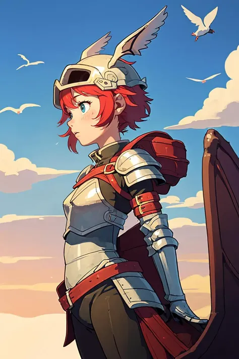 A girl is a dragon rider who flies on the back of a dragon. She is wearing a leather armor and a helmet, and she has a spear and a shield in her hands. She is brave and adventurous as she soars through the sky, exploring new lands and facing dangers. The dragon is a large and majestic creature that can breathe fire, and it has scales, wings, and horns. The sky is blue and clear, and there are some clouds and birds around. The scene is exhilarating and epic
