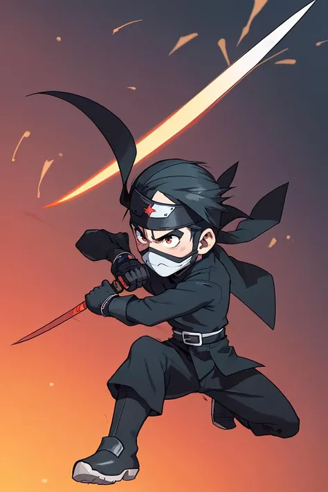 (A ninja with (a mask and a sword:1.4) wearing a (black suit:1.2), black gloves, black shoes, and a belt, (throwing a shuriken:1.4), looking (stealthy and agile:1.2):0.8)