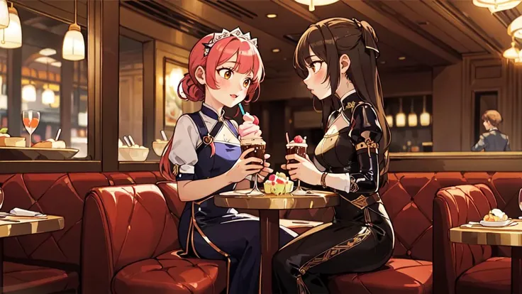 masterpiece, best quality, illustration, beautiful detailed, (2girls , multiple girls), bloom, soft, masterpiece,  latex elegant gothic dress, restaurant, desert, elaborate fine fabric detail, transparent fabric, BREAK ice cream shake , depth of field, blurry ((yuri))