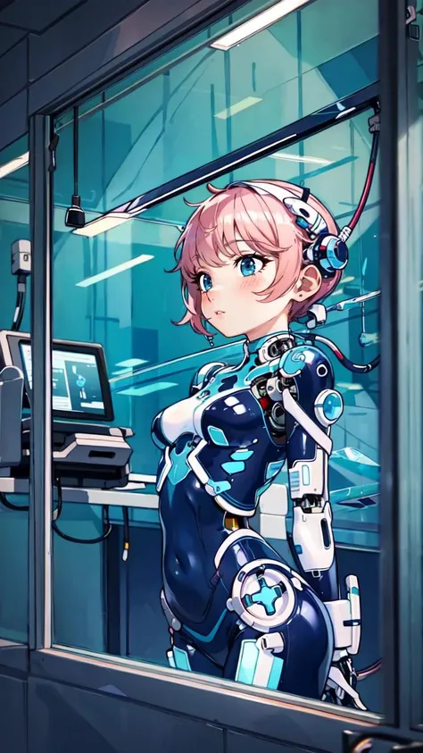 masterpiece, best quality, illustration, beautiful detailed, (1girl , solo), bloom, soft, masterpiece, in the shell, cyborg, latex bodysuit, transparent fabric, BREAK medical facility, glass