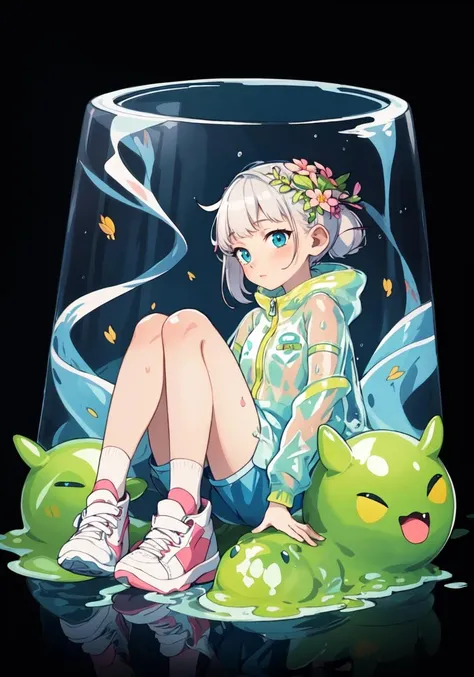 masterpiece, best quality, illustration, beautiful detailed, (1girl , solo), bloom, soft, 1 girl, solo,, cyberpunk, (transparent fabric, transparent jacket), full body, sneakers, sitting in a puddle of water, slime, oil