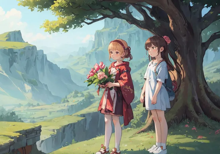 masterpiece, best quality, illustration, beautiful detailed, (2girls, multiple girls), bloom, soft, masterpiece, loose clothes, ancient gigantic tree, magical landscape
