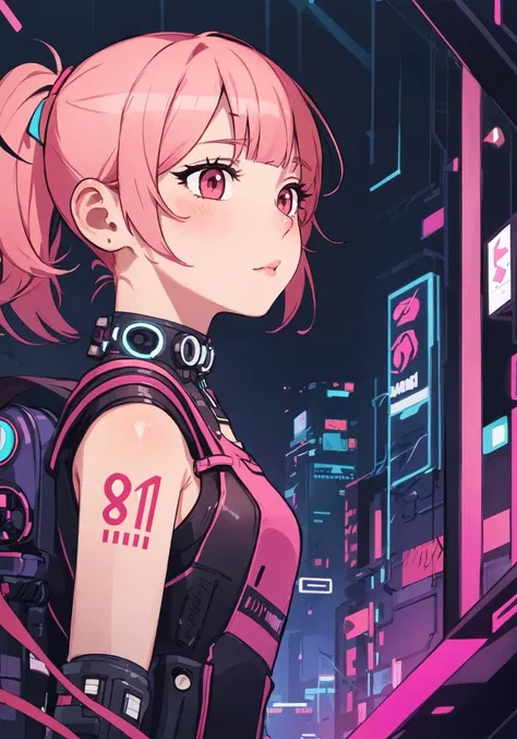 masterpiece, best quality, illustration, beautiful detailed, 1girl, cyberpunk, closeup, depth of field, pink hair, iridescent,