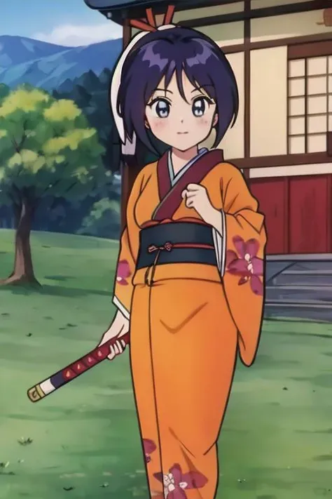 masterpiece, best quality,<lora:GoodHands-vanilla:0.7> <lora:anmnr01:0.3> <lora:add_detail:0.5>, 1girl, <lora:senhime:0.7>,senhime,edo era town,(blush),outdoor ,katana,orange kimono,japanese castle