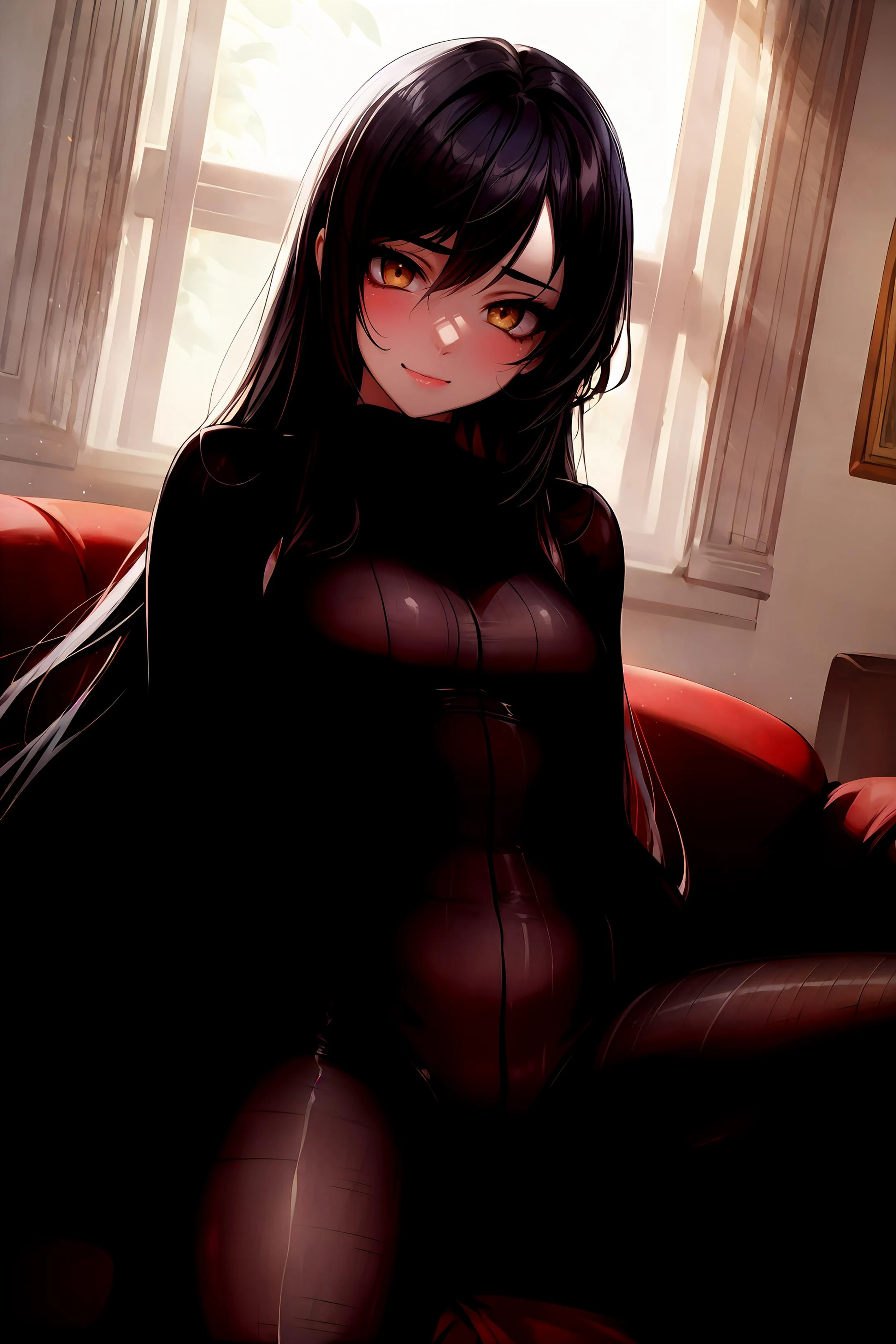 chiaroscuro, masterpiece, best quality, rim lighting, dark, cowboy shot, 1girl, absurdly long black hair, yellow eyes, naughty face, looking at viewer, sitting, spread legs, tutult, see-through, bodysuit, pantyhose, silk\(material\), embroidery, red furniture, indoors, <lora:more_details:0.5>, <lora:tutult:0.8>