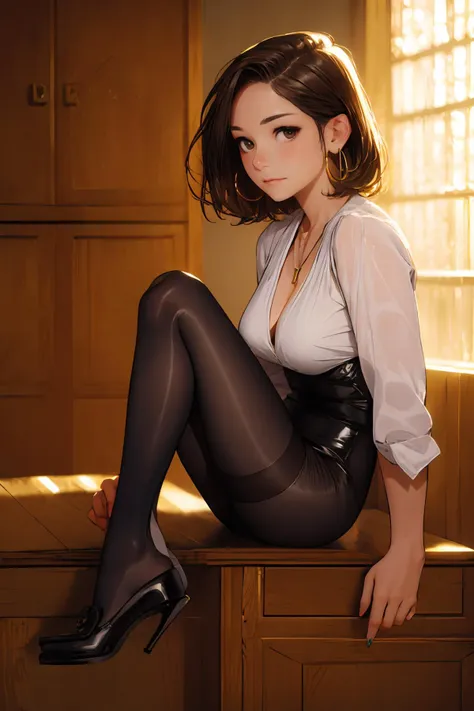 masterpiece,8k high quality detailed,highres,anime,,
illustration \(artbook\),
,OfficeLady_SenpaiSan_DoukiChan_ownwiafu,1girl,brown eyes,brown hair,jewelry,short hair,necklace,hoop earrings,forehead,large breasts,collarbone,nail polish,earrings,bracelet,hair behind ear,detailed_face,((Contemplative expression)),[(<lora:tutult:0.6>, tutult,bodysuit,pantyhose,[black_high_heels],[see-through,covered_nipples])],
<lora:dangle15:0.8>,shoe_dangle,thighhighs | pantyhose | no socks, high heels | loafers | sandals,1girl,sitting,on_desk,legs up,looking_at_viewer,from side,blush,heavy breathing,seductive smile,
(,realistic clothing texture,realistic_skin_texture),<lora:velvia:0.6>,<lora:ANIME_SenpaiSan_DoukiChan_ownwiafu:0.65>,<lora:more_details:0.3>