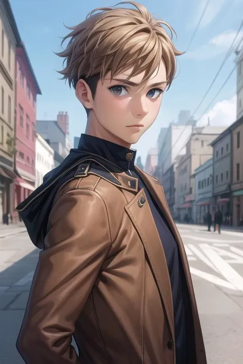 masterpiece, best quality, high quality, 1boy, solo, male focus, looking at viewer, upper body, <lora:mark_bean:0.66>, mark_bean, light brown hair, undercut, grey eyes, realistic, gakuran