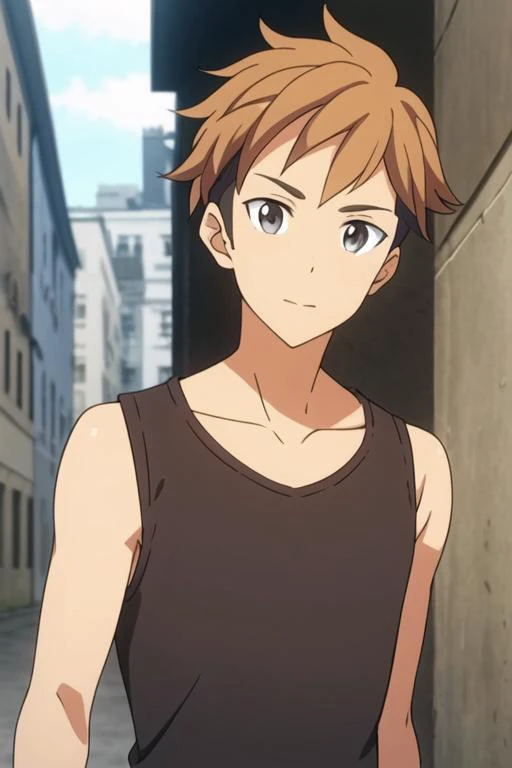 masterpiece, best quality, high quality, 1boy, solo, male focus, looking at viewer, upper body, <lora:mark_bean:0.68>, mark_bean, brown hair, multicolored hair, grey eyes, , tank top