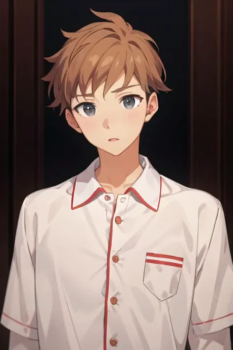 masterpiece, best quality, high quality, 1boy, solo, male focus, looking at viewer, upper body, <lora:mark_bean:0.74>, mark_bean, light brown hair, undercut, grey eyes, , pajamas