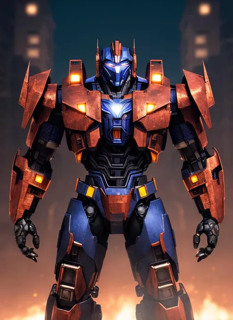(night scene), upper body portrait of giant opt-6000 with mouthplate, detailed aesthetic mecha design, (blue:0.7) and (red:0.5) (rusty metal), looking at viewer, highres, superb, very detailed, intricate, unreal engine 5, volumetric lighting, realistic, realistic lighting, cinematic, 4k, cinematic lighting, ruined city background, smoke, stop motion, hyperfocus, tonemapping, sharp focus, hyper detailed, particles and sparkles, dark atmosphere