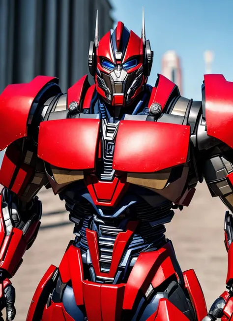 action scene, upper body portrait of giant opt-6000 with mouthplate, red and blue, looking at viewer, highres, superb, 8k wallpaper, extremely detailed, intricate, unreal engine 5, volumetric lighting, realistic, realistic lighting, cinematic, 4k, cinematic lighting, ruined city background, stop motion, hyperfocus, tonemapping, sharp focus, hyper detailed