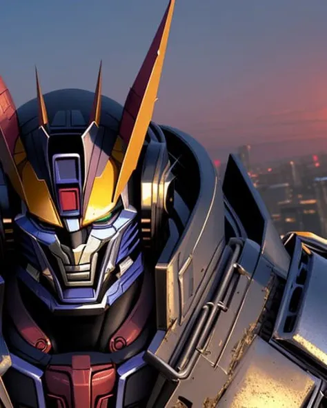 action scene, upperbody portrait of giant opt-6000, robot, transformer, red and blue palette, sharp cuts and edges, crisp lines, looking at viewer, highres, superb, 8k wallpaper, extremely detailed, intricate, unreal engine 5, volumetric lighting, realistic, realistic lighting, cinematic, 4k, cinematic lighting, ruined city background, stop motion, hyperfocus, tonemapping, sharp focus, hyper detailed