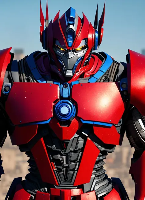 dark scene, upper body portrait of giant opt-6000 with mouthplate, blue and red and rusty metal, looking at viewer, highres, superb, 8k wallpaper, extremely detailed, intricate, unreal engine 5, volumetric lighting, realistic, realistic lighting, cinematic, 4k, cinematic lighting, ruined city background, stop motion, hyperfocus, tonemapping, sharp focus, hyper detailed, particles and sparkles