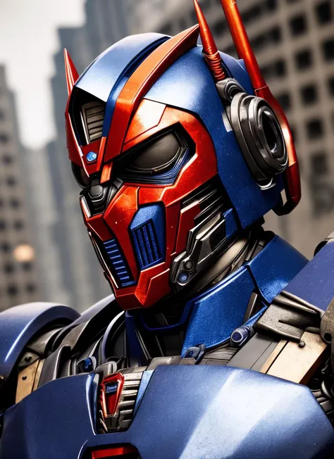 dark scene, upper body portrait of giant opt-6000 with mouthplate, (blue) and (red:0.8) and (rusty metal), looking at viewer, highres, superb, 8k wallpaper, extremely detailed, intricate, unreal engine 5, volumetric lighting, realistic, realistic lighting, cinematic, 4k, cinematic lighting, ruined city background, smoke, stop motion, hyperfocus, tonemapping, sharp focus, hyper detailed, particles and sparkles