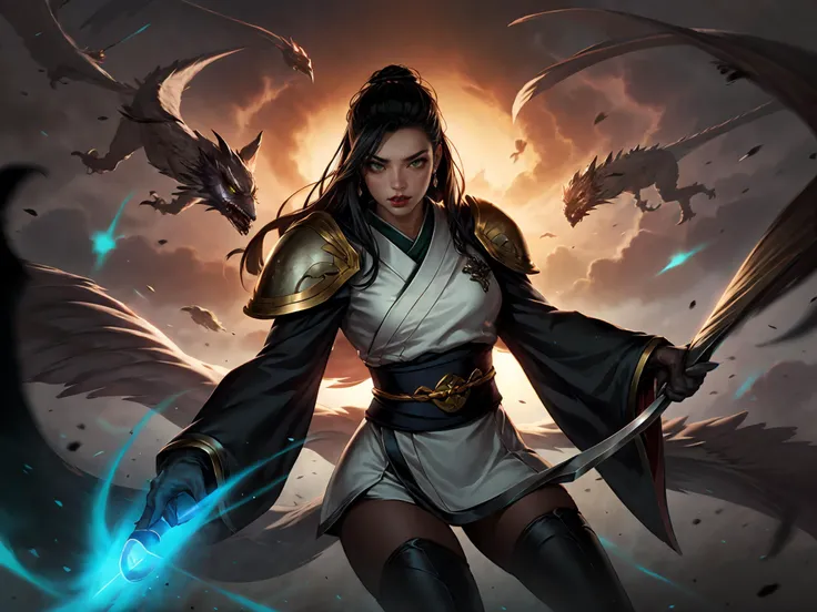 HEZI,LOL,lol style,game CG,1girl,akali,mask,holding,weapon,thighhighs,black hair,dual wielding,solo,long hair,breasts,japanese clothes,sash,red lips,reverse grip,green eyes,holding weapon,teeth,fox mask,kimono,wide sleeves,sickle,makeup,dragon,parted lips,sword,obi,<lora:çåç³»åââLOLç¾å®£æ°å´è´¨æ(å¾·ç西äº):0.7>,