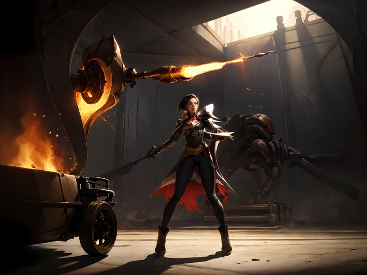 HEZI,LOL,lol style,game CG,1girl,zhanjia, solo,(masterpiece),(8k quality), (ultra-detailed), best shadow, (photorealistic:1.4), ((high res)), shade, backlighting, depth of field, closeup, finely detailed, physically-based rendering, original, perfect lighting, smooth, hdr, 8k resolution,.(studio photography), cinematic lighting, gorgeous shot, portrait shot,.amazing reflection, great details,(full body:1.2),.(weaponized human, machine gun:1.3),.(simple background),jinx,<lora:gwen1.0:0.6>,