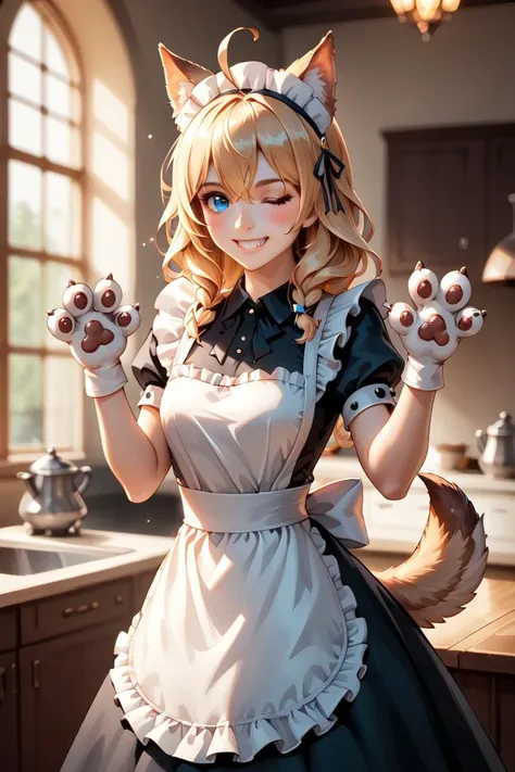 score_9,score_8_up,score_7_up, 1girl,solo,bangs,blush,smile,looking at viewer,ahoge,animal ear fluff,animal ears,animal hands,apron,blonde hair,blue eyes,braid,chibi,closed mouth,dog ears,dog tail,dress,enmaided,frilled apron,frilled dress,frills,gloves,hair between eyes,hands up,long hair,maid,maid apron,maid headdress,one eye closed,puffy short sleeves,puffy sleeves,short sleeves,tail,teeth,waist apron,white apron,white gloves, (masterpiece), (realistic), 8k, RAW photo, very wide shot, octane render, unreal engine, volumetrics dtx, (film grain, bokeh, blurry foreground) sparkling, elegant and unique, gently swaying, mysterious and charming, realistic and abstract art, details, very realistic, beautiful and vital, dreamlike and surreal, delicate brush strokes and rich colors, beauty and mystery, unimaginable beauty,Ornate And Intricate, transparent, translucent, Agate material, jade material, BY Anne Bachelier