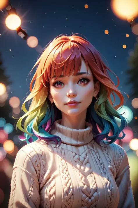 realistic photo portrait of a beautiful girl with long rainbow hair, bangs, at a carnival at night, wearing a sweater, (depth of field, bokeh:1.2) (score_9, score_8_up, score_7_up, 4k)