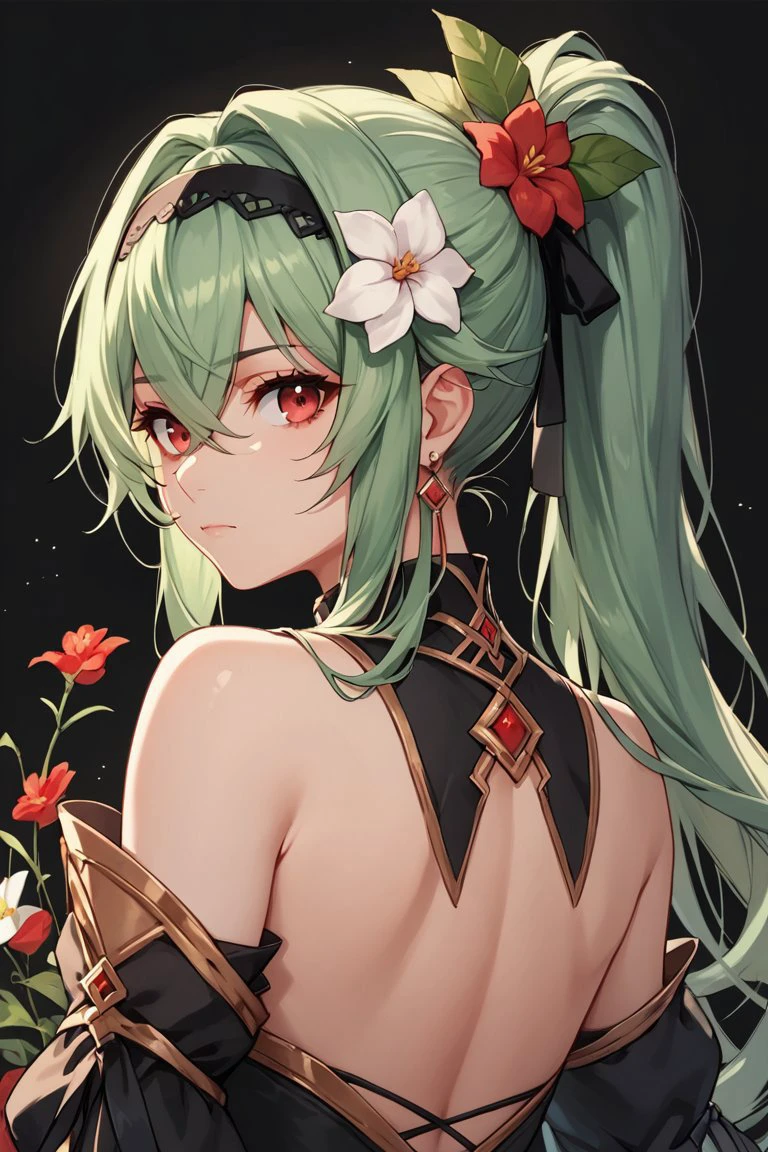 score_9, score_8_up, score_7_up, score_6_up, score_5_up, score_4_up, 1girl, solo, long hair, looking at viewer, hair ornament, red eyes, dress, ribbon, hair between eyes, bare shoulders, jewelry, closed mouth, hair ribbon, upper body, ponytail, flower, sidelocks, hairband, earrings, detached sleeves, green hair, looking back, hair flower, from behind, black dress, black ribbon, white flower, black background, red flower, crossed bangs
