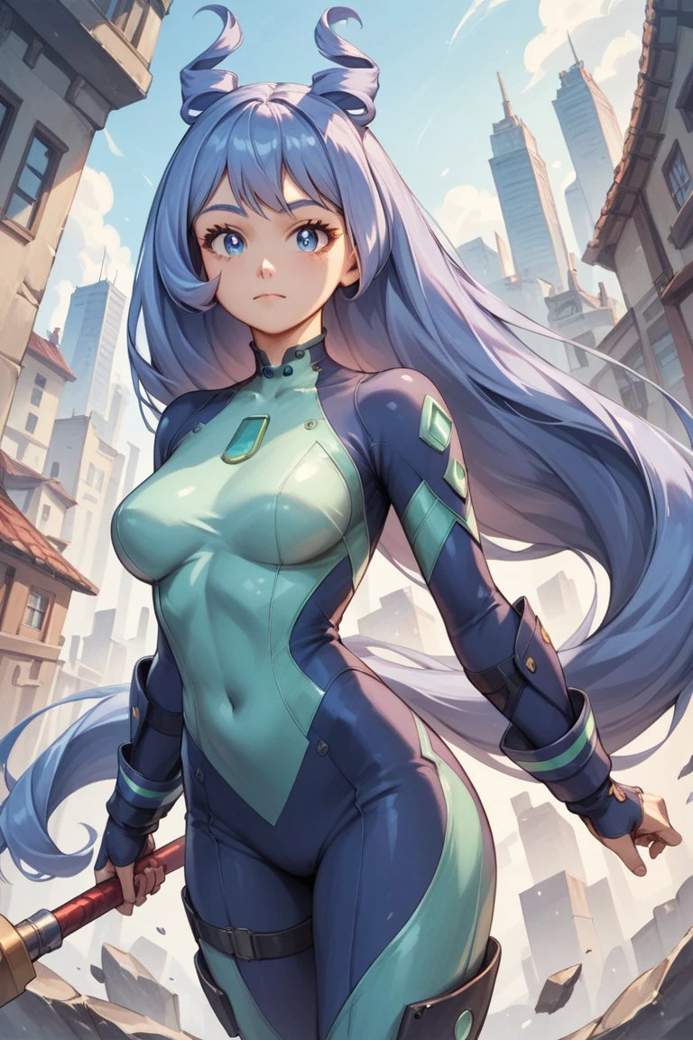 score_10,score_9, score_8_up, score_7_up, score_6_up, score_5_up, score_9,score_8_up,score_7_up, source_anime, masterpiece, best quality, rating_questionable, 1girl <lora:nejire-hadou-ponyxl-lora-nochekaiser:1.0> nejire hadou, blue eyes, blue hair, long hair, hero suit, holding an hammer, city fantasy