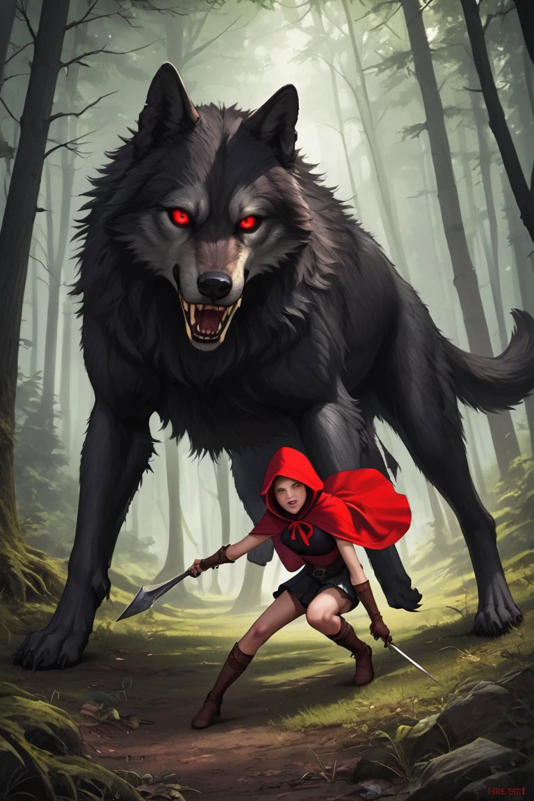 realistic photograph of little red riding hood in a dark forest riding on the back of a dire wolf