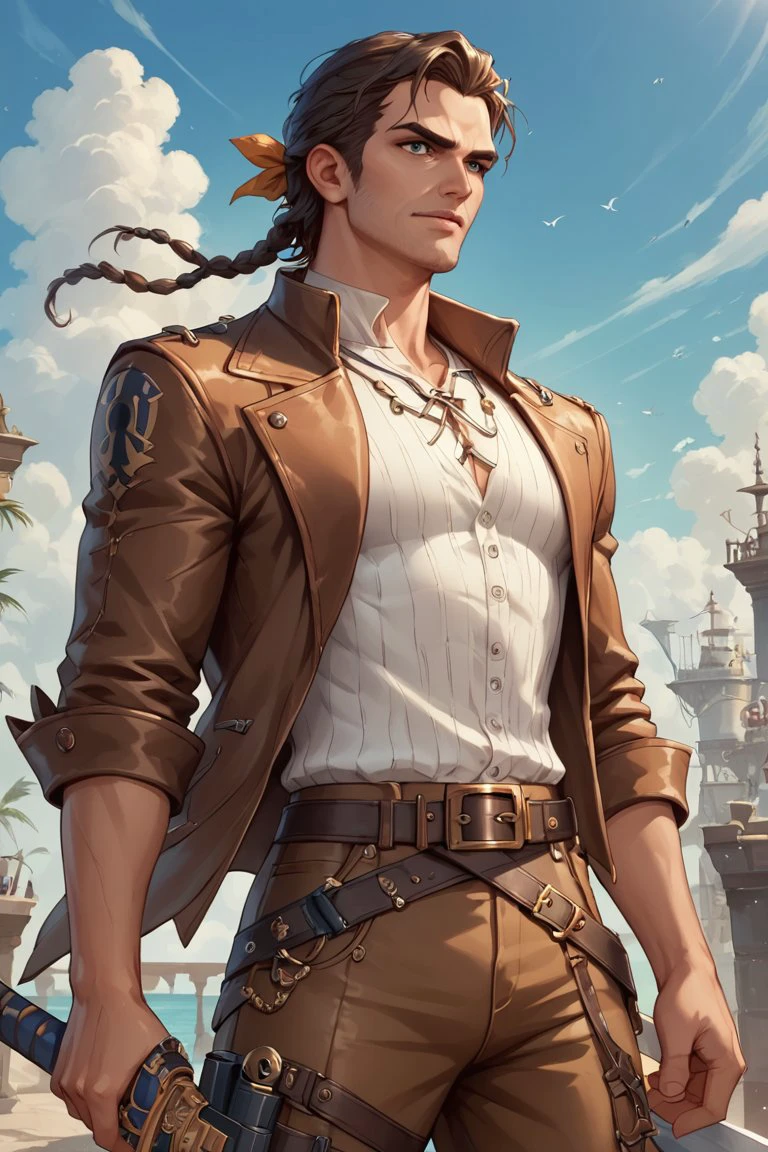 score_9, score_8_up, score_7_up, score_6_up, score_5_up, the pirate, Brown leather jacket, Brown leather trousers, white silk shirt, belt with pistol holsters and a sword at the side, epic marine background, dynamic angle, the most beautiful, elegant, vivid colours, pirates romanticism, atmospheric, Pirates of the Caribbean style,