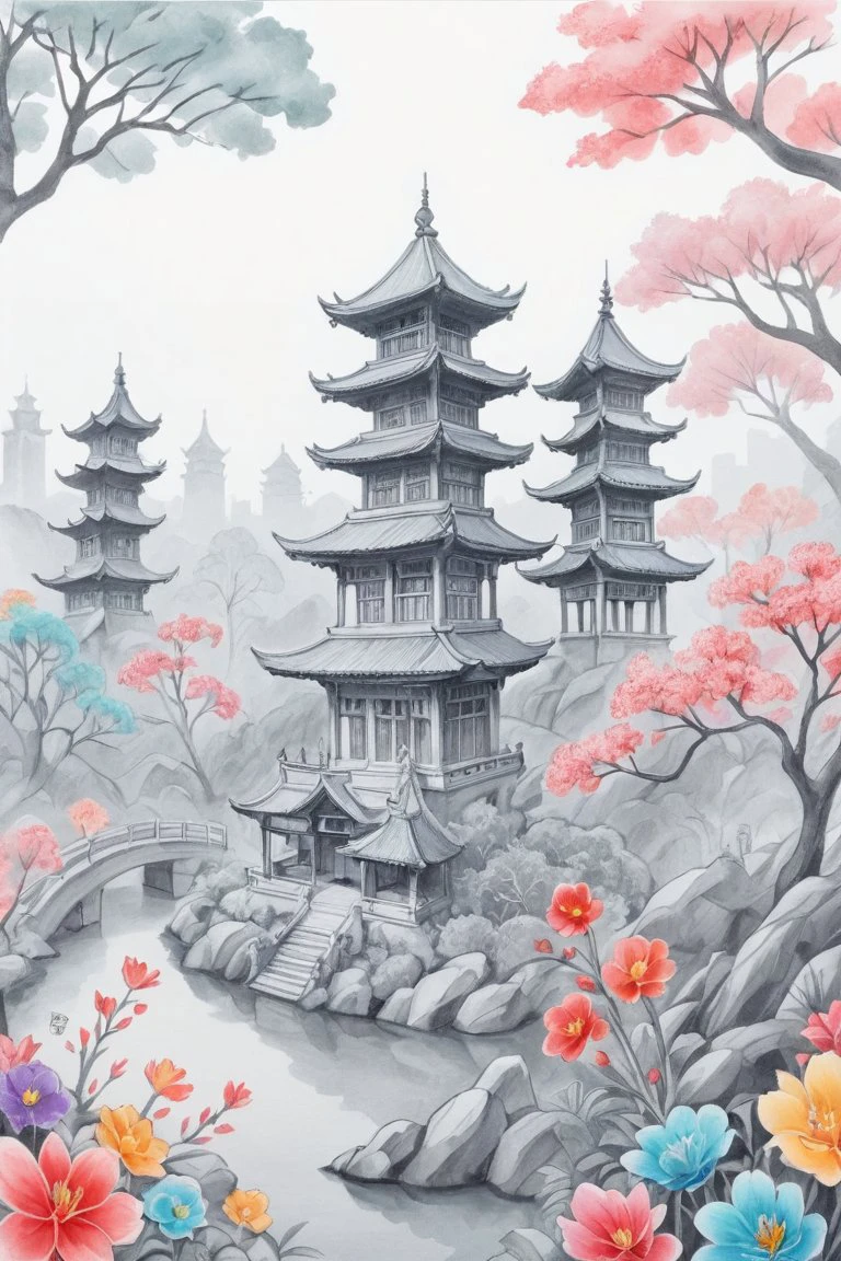 score_9, score_8_up, score_7_up, score_6_up, score_5_up, Chinese New Year (monochrome grayscale:1.3) china dragon, watercolor sketch artstyle, sketch artstyle Colored vegetation colorful flowers colorful eyes flowers moss, tree branches, illustration, watercolor sketch, (best quality), intricate detailed, china architecture , drawing with colored pencil style, large strokes, finalized with ink, fine lines