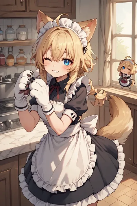 score_9,score_8_up,score_7_up, 1girl,solo,bangs,blush,smile,looking at viewer,ahoge,animal ear fluff,animal ears,animal hands,apron,blonde hair,blue eyes,braid,chibi,closed mouth,dog ears,dog tail,dress,enmaided,frilled apron,frilled dress,frills,gloves,hair between eyes,hands up,long hair,maid,maid apron,maid headdress,one eye closed,puffy short sleeves,puffy sleeves,short sleeves,tail,teeth,waist apron,white apron,white gloves