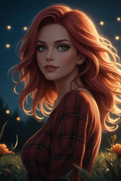 score_9, score_8_up, score_7_up, score_6_up, score_5_up, masterpiece, best quality, gorgeous pale american cute girl, smiling, (red plaid shirt), red hair loose braided hair, blonde hair, short polka skirt, camping, camp fire, night, field, flowers, smiling, perfectly symmetrical face, detailed skin, elegant, alluring, attractive, atmospheric perspective, diffusion, pore correlation, skin imperfections, DSLR, 80mm Sigma f2, depth of field, intricate natural lighting, sexy looking, seductive, beautiful lips, big lips, fireflies, moonlight, light shafts, flowers in hair, foliage in foreground, depth of field, drawing with colored pencil style, large strokes, finalized with ink, fine lines