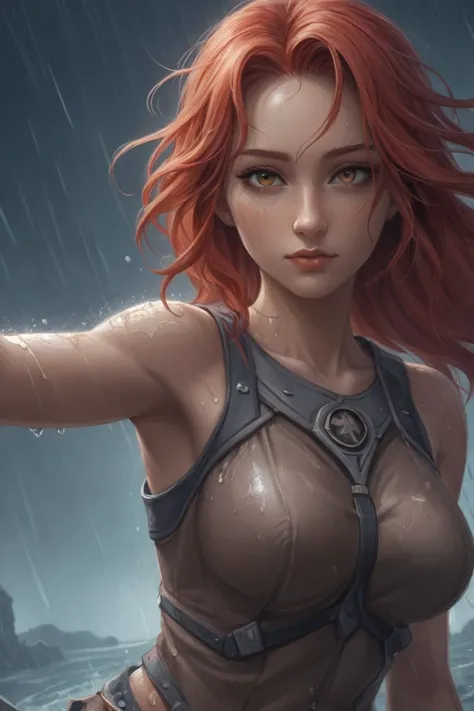 score_9, score_8_up, score_7_up, score_6_up, score_5_up, style,Epic illustration of a Spartan warrior woman, standing resolute in the pouring rain,looking at the camera, close up, evoking the grandeur of Gladiator, soaked in blood,undamaged details, while rendering with dynamic lighting, sweeping camera angles, and intense emotional depth,cinematic background, watercolor sketch in artistic style, large strokes, finalized with ink, fine lines zPDXL, watercolor sketch in artistic style, large strokes, finalized with ink, fine lines
