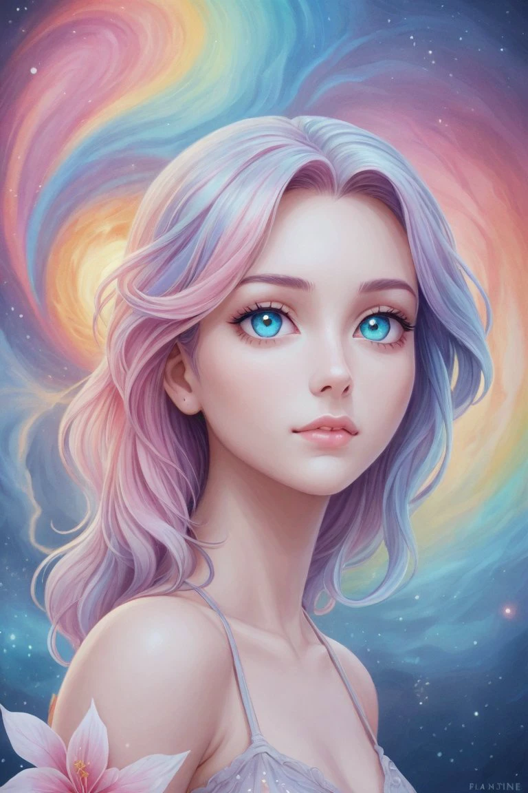 score_9, score_8_up, score_7_up, score_6_up, score_5_up, atmospheric oil painting of a hyper-real portrait of a hauntingly beautiful pale pastel rainbow scaled sky serpent with huge watery eyes sorrow flowers and crystalline structures photo-real pastel galaxy stars, drawing with colored pencil style, large strokes, finalized with ink, fine lines