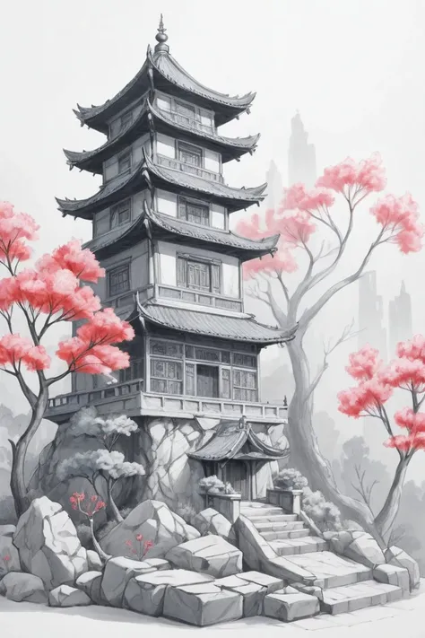 score_9, score_8_up, score_7_up, score_6_up, score_5_up, Chinese New Year (monochrome grayscale:1.3) china dragon, watercolor sketch artstyle, sketch artstyle Colored vegetation colorful flowers colorful eyes flowers moss, tree branches, illustration, watercolor sketch, (best quality), intricate detailed, china architecture , drawing with colored pencil style, large strokes, finalized with ink, fine lines