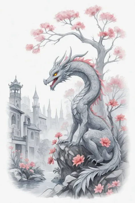score_9, score_8_up, score_7_up, score_6_up, score_5_up, Chinese New Year (monochrome grayscale:1.3) china dragon, watercolor sketch artstyle, sketch artstyle Colored vegetation colorful flowers colorful eyes flowers moss, tree branches, illustration, watercolor sketch, (best quality), intricate detailed, china architecture , drawing with colored pencil style, large strokes, finalized with ink, fine lines