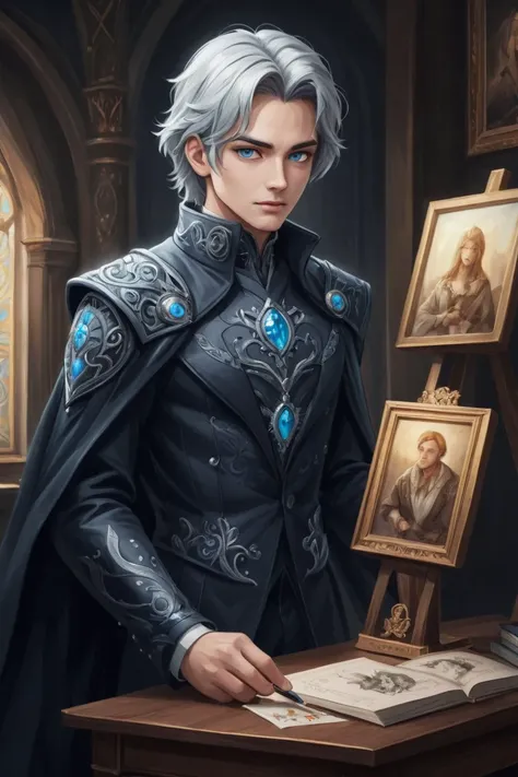score_9, score_8_up, score_7_up, score_6_up, score_5_up, 1boy, alucard \(castlevania\), grisaille, silver hair, black cape, white jabot, long silver hair, male focus, blue eyes, oil painting \(medium\), oil painting, impasto, chiaroscuro, scumbling, alla prima, underpainting, very aesthetic, highres, 4k, 8k, intricate detail, cinematic lighting, amazing quality, amazing shading, extremely detailed eyes and face, beautiful detailed eyes, on the steps of Draculas castle, full body, official art, key art, drawing with colored pencil style, large strokes, finalized with ink, fine lines
