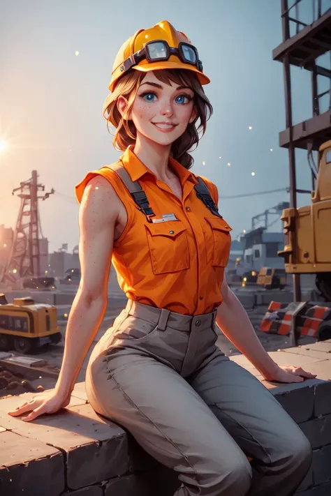 score_9, score_8_up, score_7_up, score_6_up, score_5_up, beautiful, linework, thick outlines, strong shadows (sfw:1.1), portrait, 1 adult woman, freckles, blue eyes, long brown dutch braid, smiling, sitting on ledge, construction worker, dark orange vest, brick and mortar wall, construction site, scaffolding, vibrant colors, dusk, atmospheric lighting,, (masterpiece), (realistic), 8k, RAW photo, very wide shot, octane render, unreal engine, volumetrics dtx, (film grain, bokeh, blurry foreground)