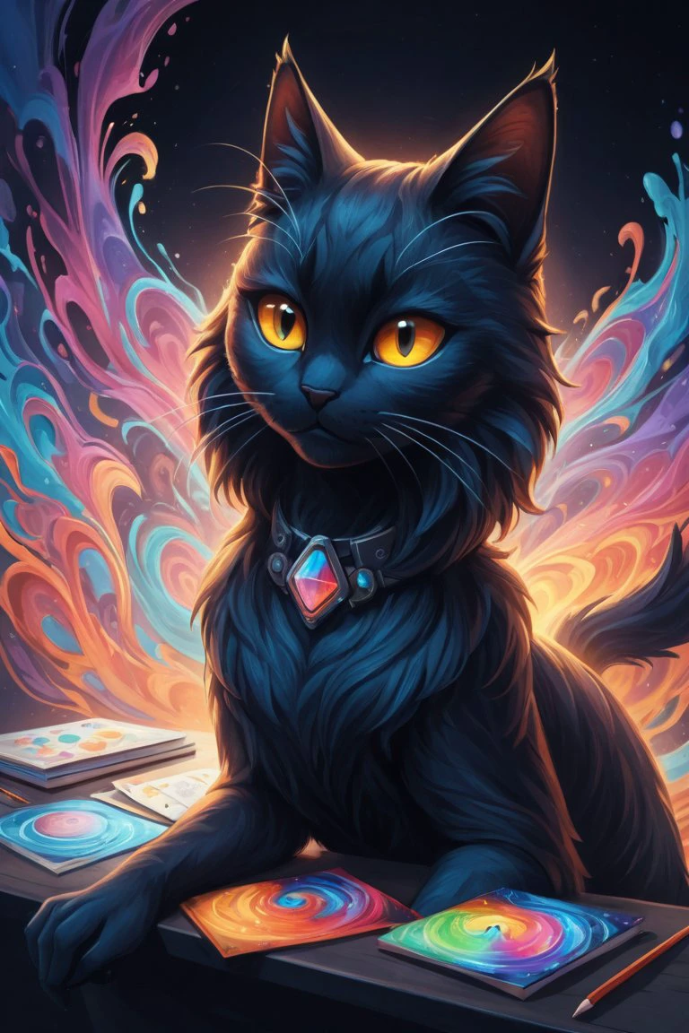 score_9, score_8_up, score_7_up, score_6_up, score_5_up, amazing watercolor painting award winning, ((masterpiece)), ((best quality)), ((detailed)), Unparalleled, ((Enchanting)), ((Impressive)), a black cat sitting on top of a reflective surface, cyberpunk art, inspired by Dan Mumford, furry art, details and vivid colors, electric wallpaper, beeple and jeremiah ketner, multicolored vector art, intricate, in a painting of a cat, full res psychedelic therapy, trending on ArtStation, ink splatters, pen lines, incredible detail, creative, positive energy, happy, unique, negative space, pure imagination painted by artgerm ,Surreal Harmony, SLPASHTER_3-7000, Gorgeous splash of vibrant paint, colorful paint, Colorsplash, drawing with colored pencil style, large strokes, finalized with ink, fine lines