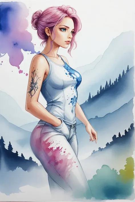 A valley forgotten by time woman 25yo, costs, steelpunk style, watercolor sketch in artistic style, large strokes, finalized with ink, fine lines
