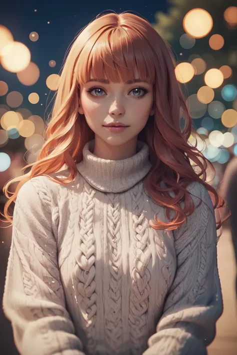 realistic photo portrait of a beautiful girl with long rainbow hair, bangs, at a carnival at night, wearing a sweater, (depth of field, bokeh:1.2) (score_9, score_8_up, score_7_up, 4k)