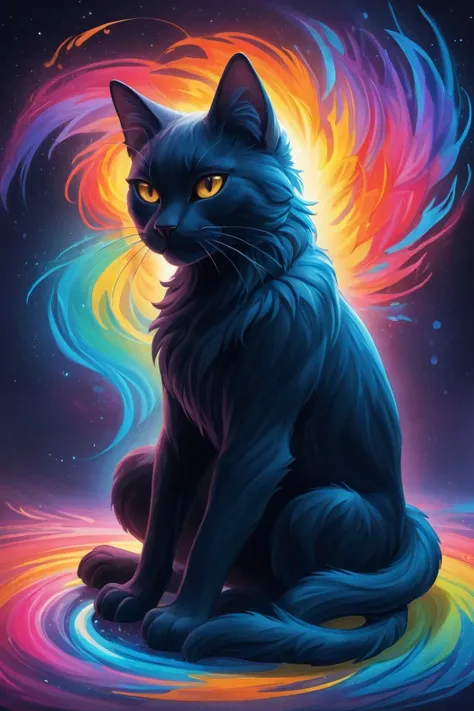score_9, score_8_up, score_7_up, score_6_up, score_5_up, amazing watercolor painting award winning, ((masterpiece)), ((best quality)), ((detailed)), Unparalleled, ((Enchanting)), ((Impressive)), a black cat sitting on top of a reflective surface, cyberpunk art, inspired by Dan Mumford, furry art, details and vivid colors, electric wallpaper, beeple and jeremiah ketner, multicolored vector art, intricate, in a painting of a cat, full res psychedelic therapy, trending on ArtStation, ink splatters, pen lines, incredible detail, creative, positive energy, happy, unique, negative space, pure imagination painted by artgerm ,Surreal Harmony, SLPASHTER_3-7000, Gorgeous splash of vibrant paint, colorful paint, Colorsplash, drawing with colored pencil style, large strokes, finalized with ink, fine lines