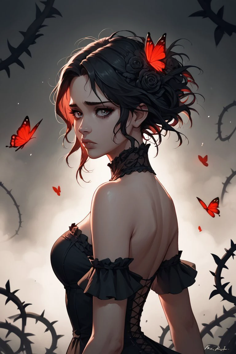 (score_9,score_8_up,score_7_up),year 2023,1girl,solo,red and black theme,strong picture,dark,upper body,side_face,sad,parted_lips,looking back,floating hair,black dress,bare shoulders,delicate and beautiful eye,gothic_ta,black rose,thistles and thorns,flora,fog,red butterfly,underlighting,bokeh,blurry background,strong visual impact,film lighting,from side,