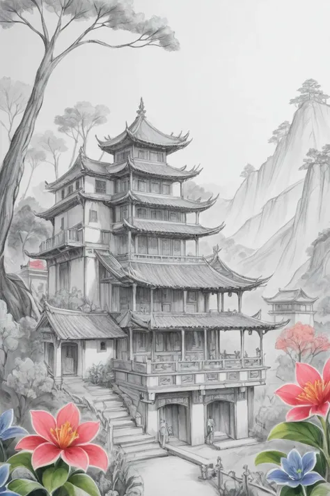 score_9, score_8_up, score_7_up, score_6_up, score_5_up, Chinese New Year (monochrome grayscale:1.3) china dragon, watercolor sketch artstyle, sketch artstyle Colored vegetation colorful flowers colorful eyes flowers moss, tree branches, illustration, watercolor sketch, (best quality), intricate detailed, china architecture , drawing with colored pencil style, large strokes, finalized with ink, fine lines