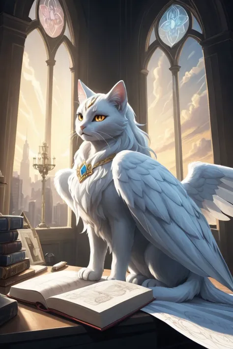score_9, score_8_up, score_7_up, score_6_up, score_5_up, 8k, Fluffy White Angel cat perched upon golden bejeweled tower in a heavenly utopian city, huge feathery angel wings, glowing nebula eyes, white flowing clouds, ivory armor with diamond gem inlay, trending on artstation, sharp focus, studio photo, intricate details, highly detailed, by tim burton, drawing with colored pencil style, large strokes, finalized with ink, fine lines