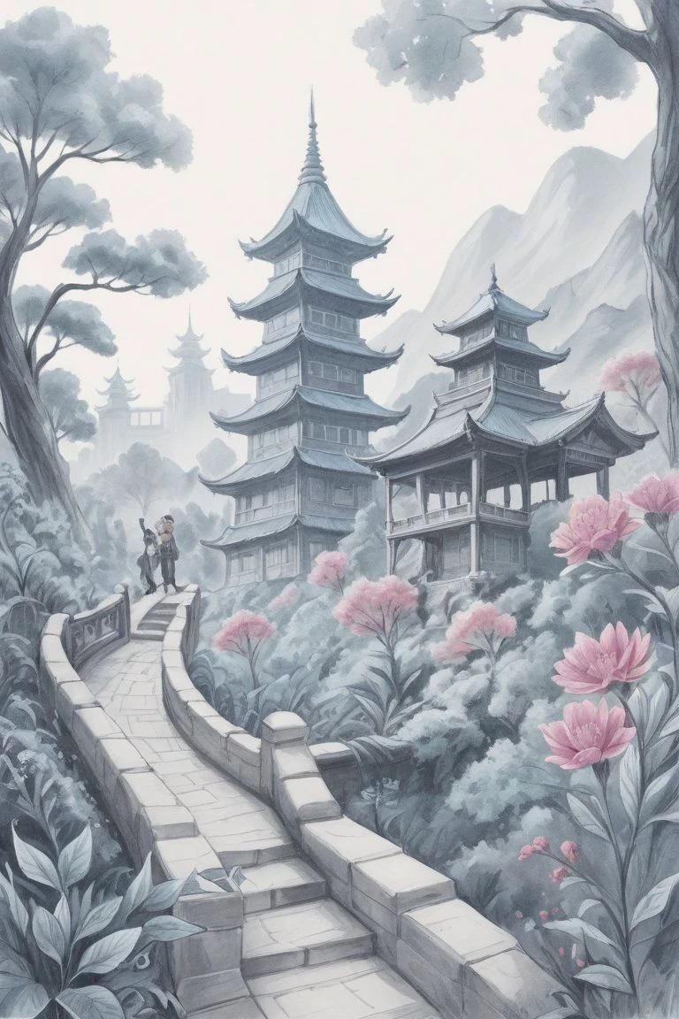 score_9, score_8_up, score_7_up, score_6_up, score_5_up, Chinese New Year (monochrome grayscale:1.3) china dragon, watercolor sketch artstyle, sketch artstyle Colored vegetation colorful flowers colorful eyes flowers moss, tree branches, illustration, watercolor sketch, (best quality), intricate detailed, china architecture , drawing with colored pencil style, large strokes, finalized with ink, fine lines