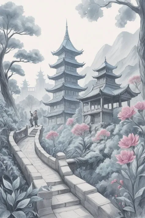 score_9, score_8_up, score_7_up, score_6_up, score_5_up, Chinese New Year (monochrome grayscale:1.3) china dragon, watercolor sketch artstyle, sketch artstyle Colored vegetation colorful flowers colorful eyes flowers moss, tree branches, illustration, watercolor sketch, (best quality), intricate detailed, china architecture , drawing with colored pencil style, large strokes, finalized with ink, fine lines