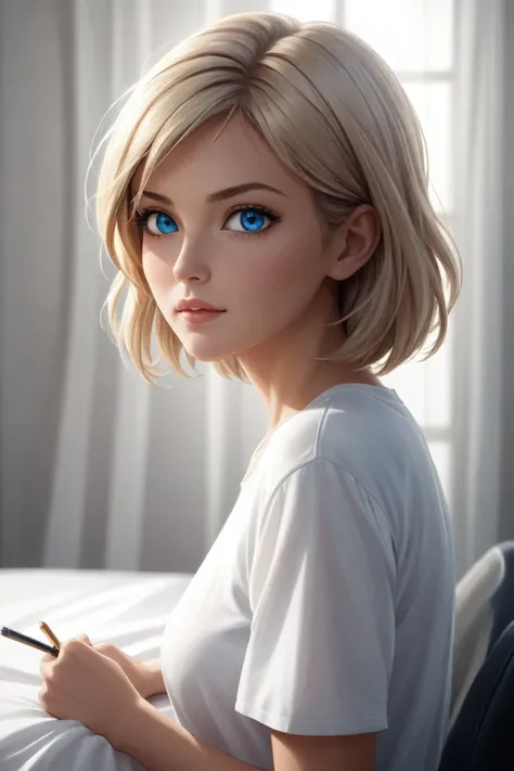 score_9, score_8_up, score_7_up, score_6_up, score_5_up, cinematic film still of bright light, bright, a woman is hiding behind a white sheet High-key lighting Style,1girl,solo,looking at viewer,short hair,blue eyes,blonde hair,simple background,shirt,white background,white shirt,lips,curtains,realistic,white theme,curtain grab, shallow depth of field, vignette, highly detailed, high budget, bokeh, cinemascope, moody, epic, gorgeous, film grain, grainy, drawing with colored pencil style, large strokes, finalized with ink, fine lines