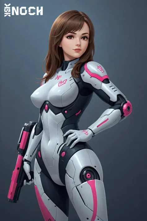 score_9, score_8_up, score_7_up, score_6_up, score_5_up, 1girl,d.va (overwatch),solo,brown hair,weapon,long hair,gun,bodysuit,mecha,brown eyes,whisker markings,robot,facial mark,gloves,pilot suit,headphones,smile,handgun,white gloves,lips,bangs,holding weapon,standing,holding gun,signature,nose, drawing with colored pencil style, large strokes, finalized with ink, fine lines