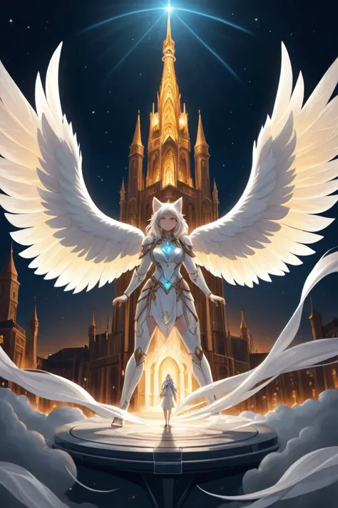 score_9, score_8_up, score_7_up, score_6_up, score_5_up, 8k, Fluffy White Angel cat perched upon golden bejeweled tower in a heavenly utopian city, huge feathery angel wings, glowing nebula eyes, white flowing clouds, ivory armor with diamond gem inlay, trending on artstation, sharp focus, studio photo, intricate details, highly detailed, by tim burton, drawing with colored pencil style, large strokes, finalized with ink, fine lines