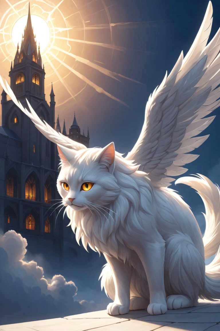 score_9, score_8_up, score_7_up, score_6_up, score_5_up, 8k, Fluffy White Angel cat perched upon golden bejeweled tower in a heavenly utopian city, huge feathery angel wings, glowing nebula eyes, white flowing clouds, ivory armor with diamond gem inlay, trending on artstation, sharp focus, studio photo, intricate details, highly detailed, by tim burton, drawing with colored pencil style, large strokes, finalized with ink, fine lines