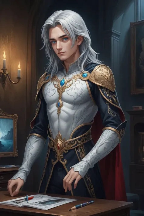 score_9, score_8_up, score_7_up, score_6_up, score_5_up, 1boy, alucard \(castlevania\), grisaille, silver hair, black cape, white jabot, long silver hair, male focus, blue eyes, oil painting \(medium\), oil painting, impasto, chiaroscuro, scumbling, alla prima, underpainting, very aesthetic, highres, 4k, 8k, intricate detail, cinematic lighting, amazing quality, amazing shading, extremely detailed eyes and face, beautiful detailed eyes, on the steps of Draculas castle, full body, official art, key art, drawing with colored pencil style, large strokes, finalized with ink, fine lines